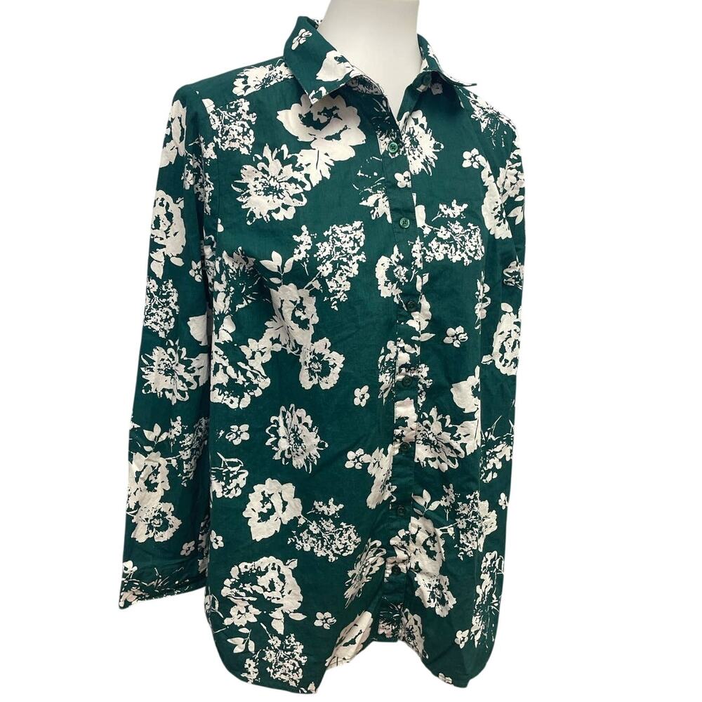Roaman's Plus Size 16W Long Sleeve Button Down Cotton Floral Top Blouse Shirt